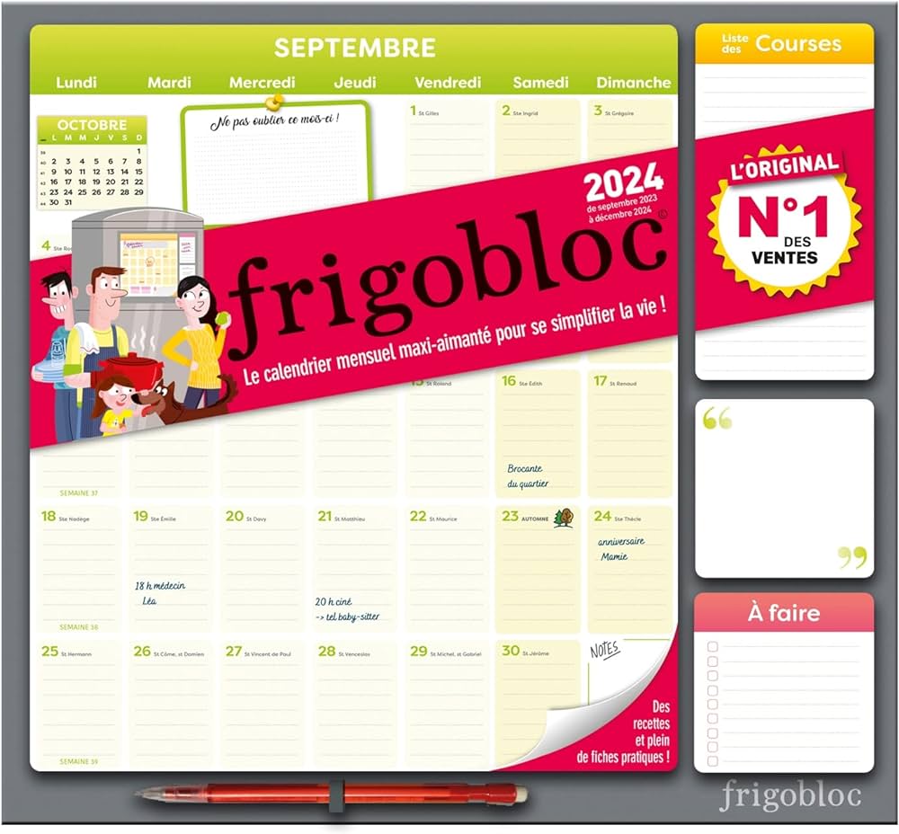 Frigobloc Mensuel 2024 - Calendrier d'organisation familiale / mois (de sept. 2023 à déc. 2024)
