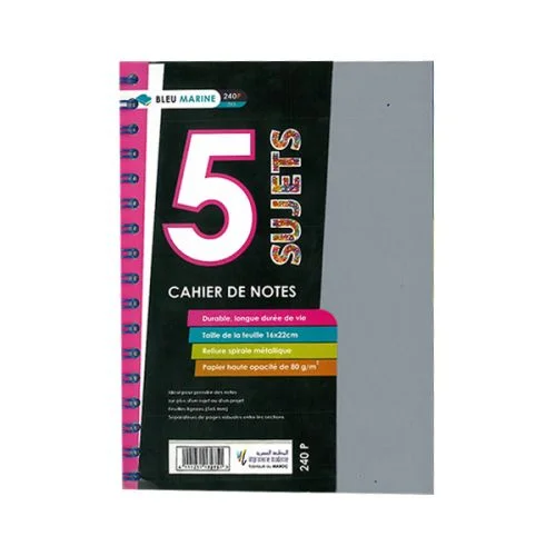 Cahier spirale 5 sujets 240p 17x22