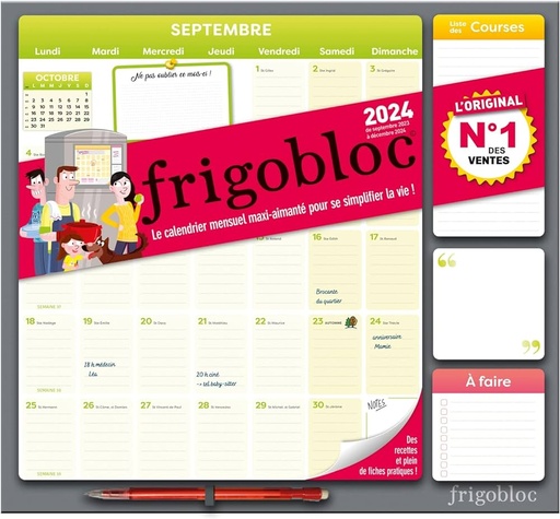 Frigobloc Mensuel 2024 - Calendrier d'organisation familiale / mois (de sept. 2023 à déc. 2024)